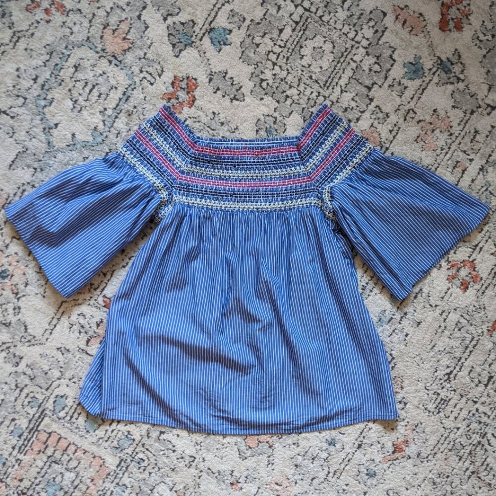 Off the Shoulder Summer Top | Blue & White Pinstripes | Flared Short Sleeves